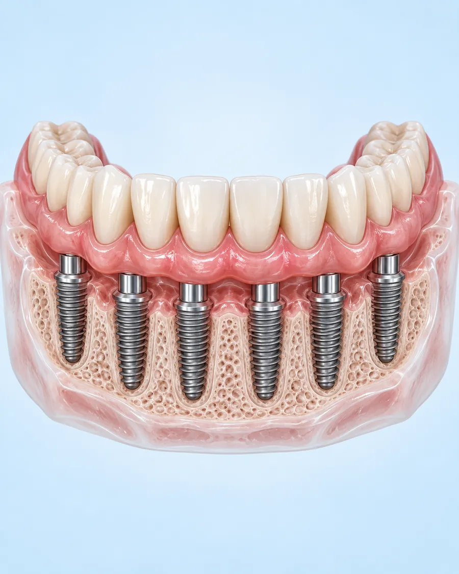 Lower arch of teeth above six implants set in a gum and bone model