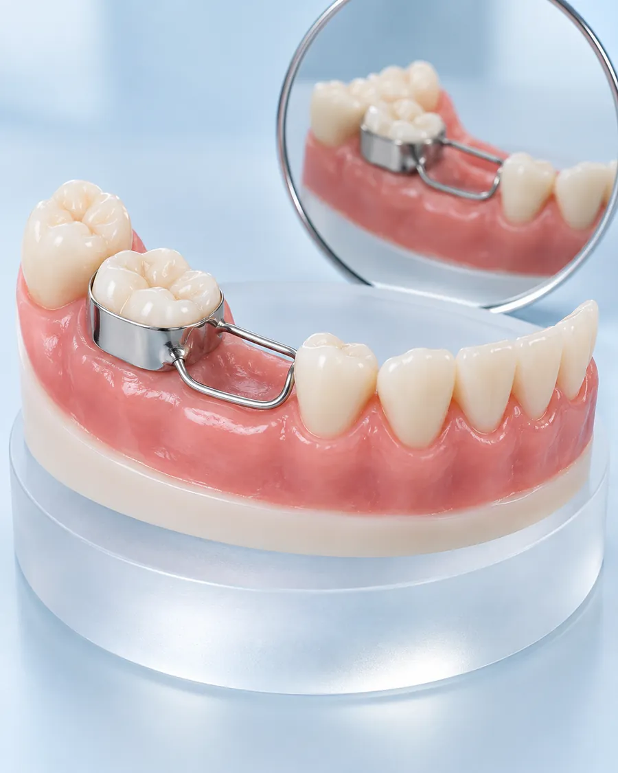 Lower jaw model with a metal band-and-loop space maintainer on a back tooth, with a dental mirror reflecting the appliance