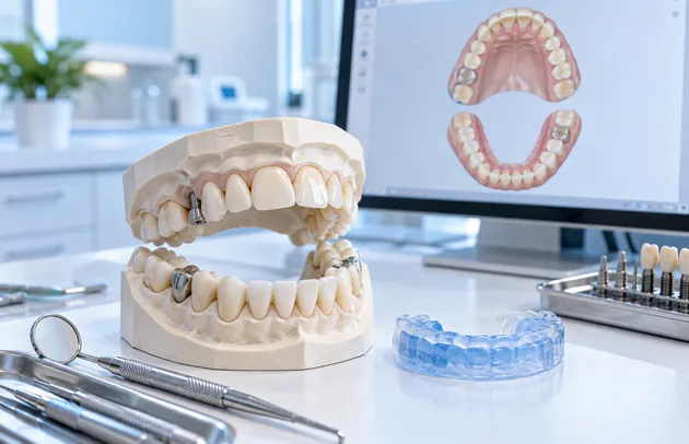 Dental models with a clear bite splint beside them and a digital image of the teeth on a monitor
