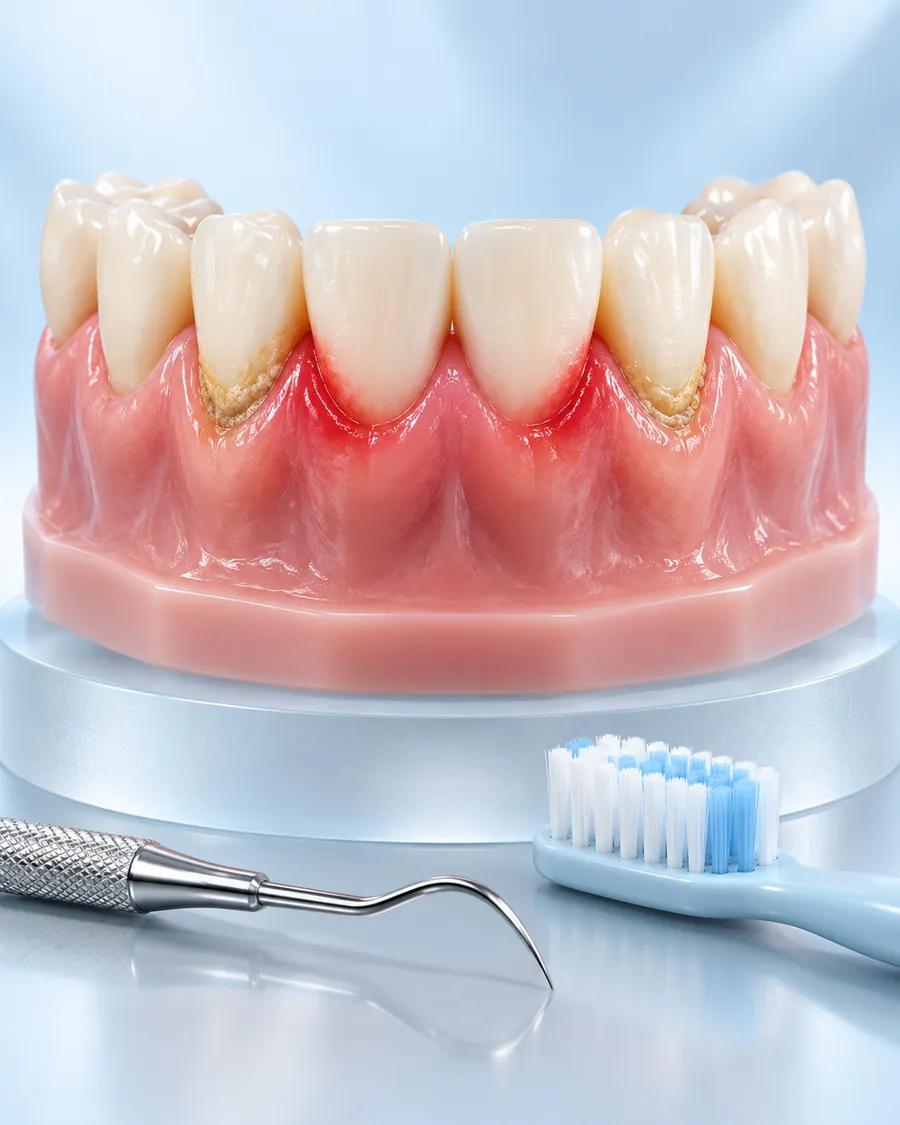 Lower teeth model with red inflamed gums beside a toothbrush and a dental probe on a clinic bench