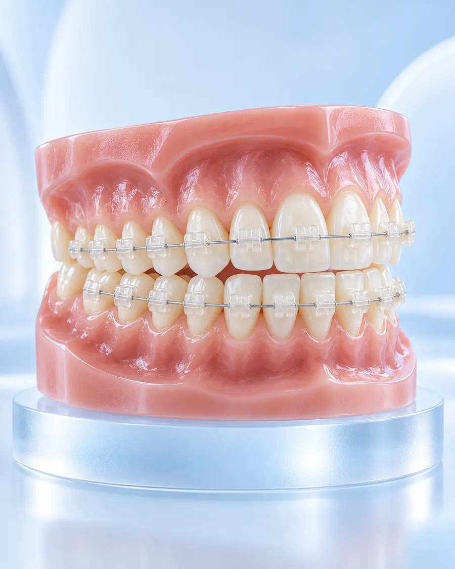 Teeth model with clear ceramic brackets and a wire on the upper and lower teeth on a pale blue stand