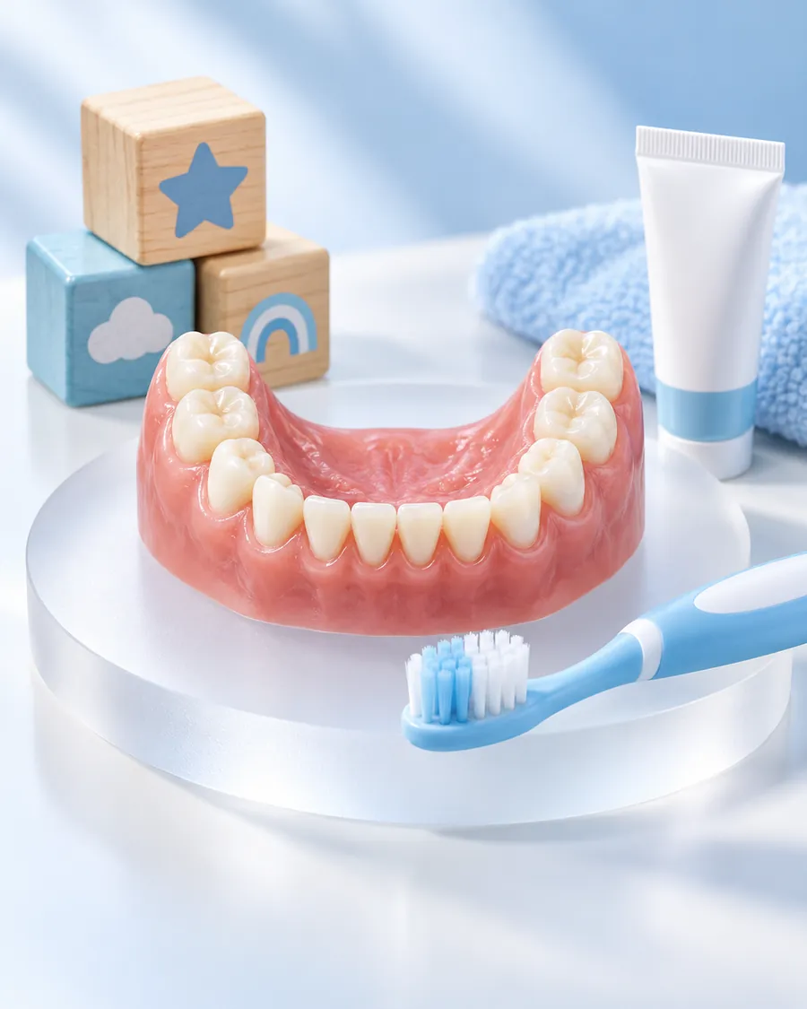 Children's dental model with a toothbrush and toy blocks, used to explain pediatric dental care