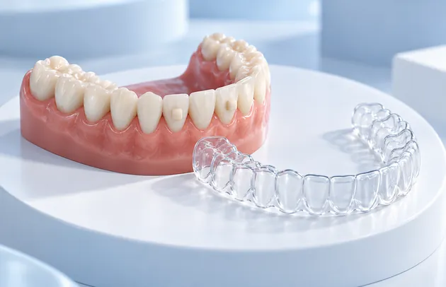 Clear aligner beside a lower jaw model with pink gums on a white stand