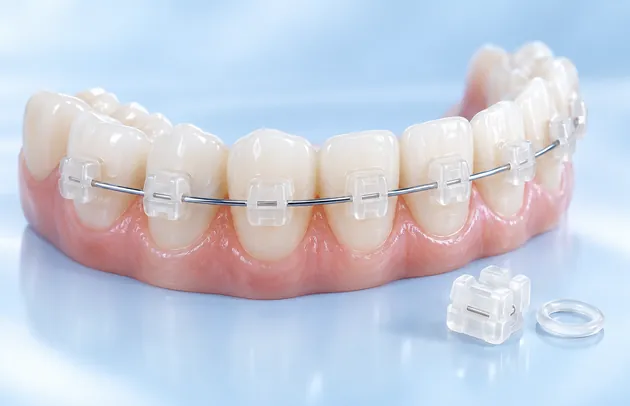Lower teeth with clear ceramic brackets and a thin wire, with a spare ceramic bracket beside them
