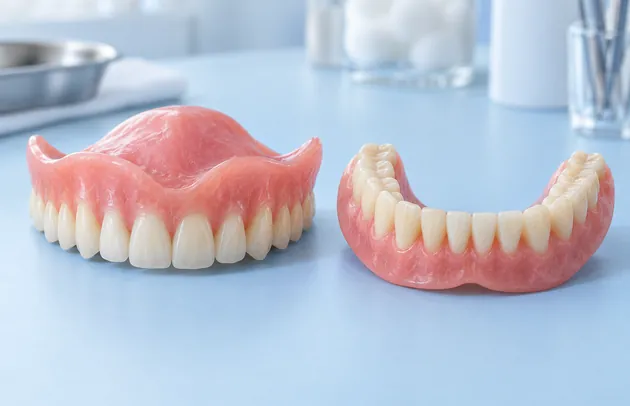 Complete upper and lower dentures on a pale blue surface in a clinic