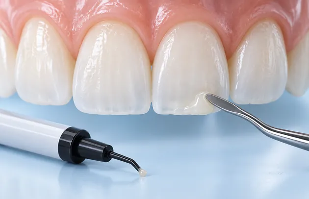 Model of front teeth with a composite syringe tip and a sculpting instrument at the edge of a tooth