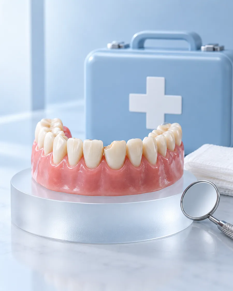 Denture model, dental mirror and a blue first-aid case on a clinic bench