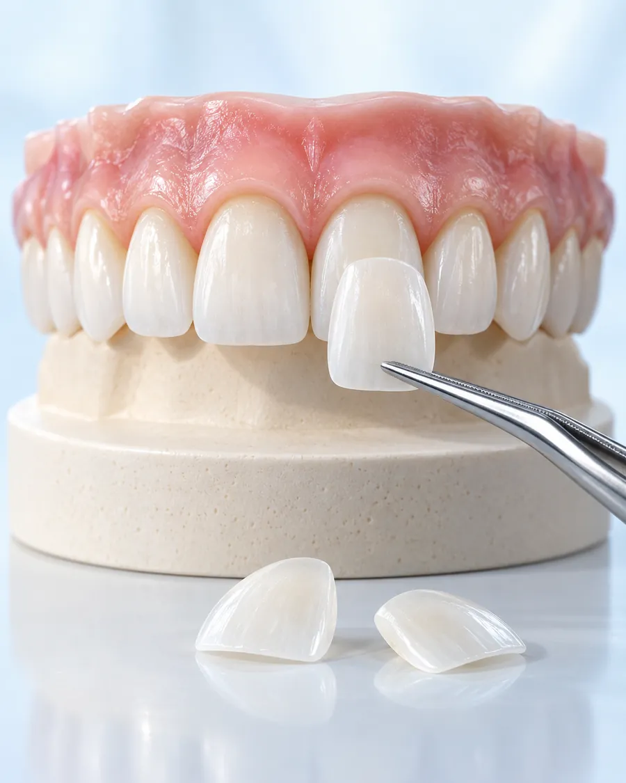Upper teeth model with a veneer held by tweezers against a front tooth and spare veneers in front