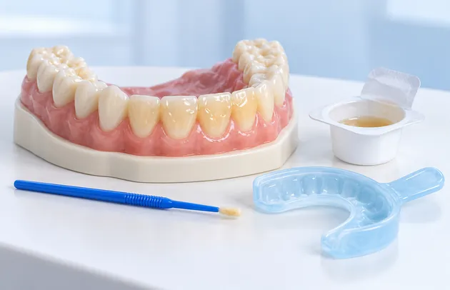 Lower teeth model with a clear fluoride tray, a cup of varnish and an applicator on a clinic bench