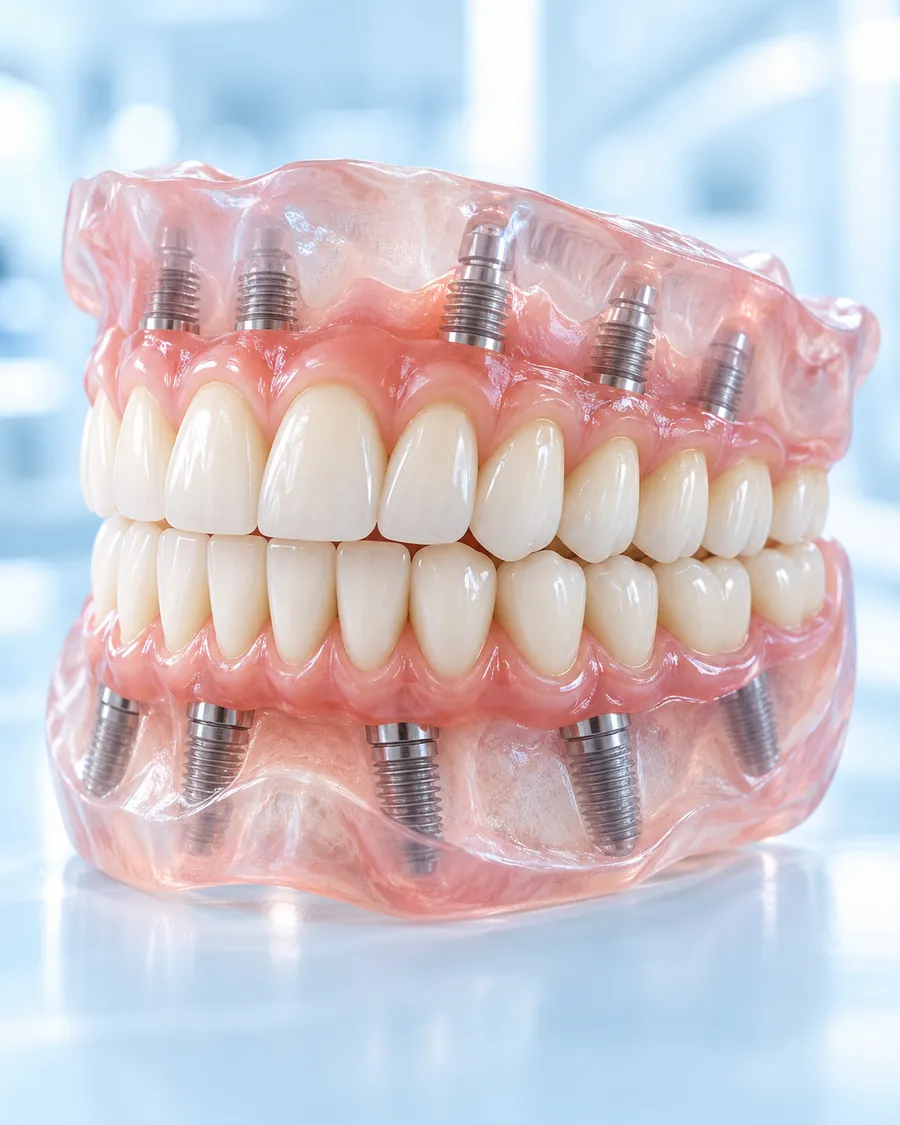 Upper and lower fixed teeth on implants in a clear gum model, with the implants visible beneath the gum