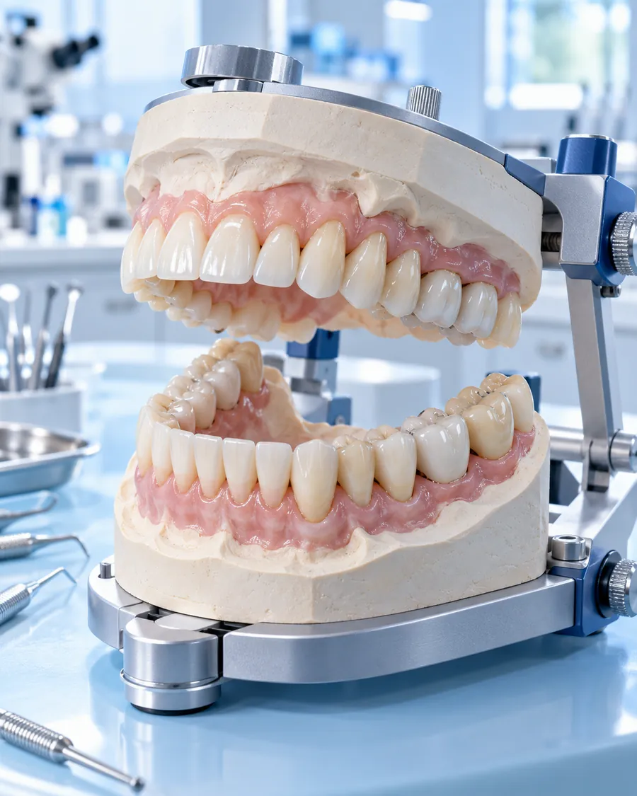 Upper and lower dental models held in a laboratory articulator on a bench with dental instruments