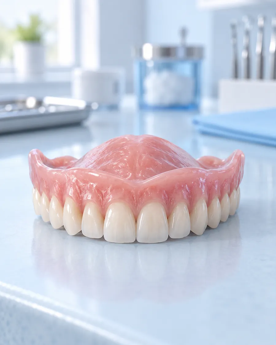 Full upper denture with pink gum base and natural-looking teeth on a clinic bench