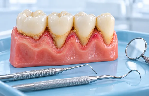 Gum model with yellow tartar beside a dental mirror and a periodontal probe
