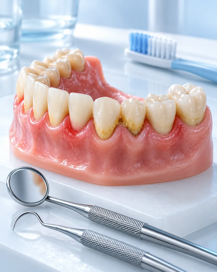 Jaw model with red inflamed gums and tartar beside a dental mirror and probes on a clinic bench