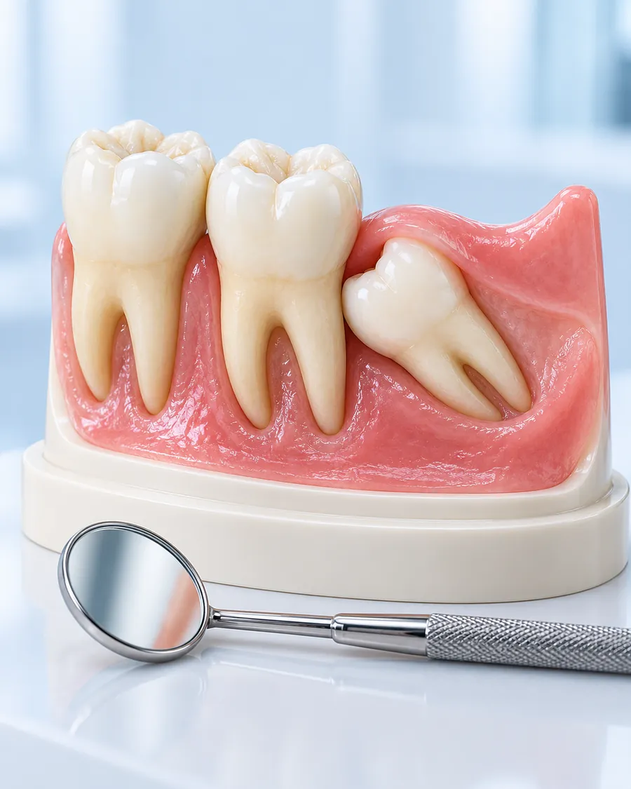 Lower jaw model with a tilted impacted wisdom tooth beside a dental mirror on a clinic bench