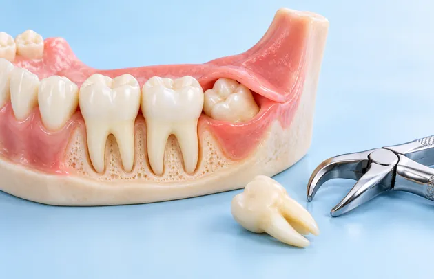 Cutaway lower jaw model with an impacted wisdom tooth beside extraction forceps and a removed tooth
