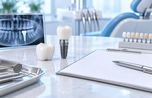 Dental implant model and crown beside a dental X-ray and a clipboard with instruments on a bench