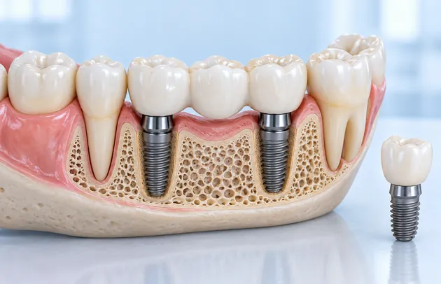 Model of a lower jaw with two implants and a loose implant crown beside it
