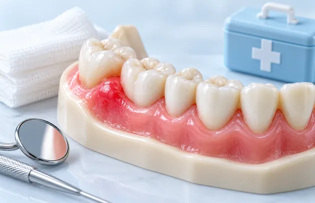 Lower gum model with red inflamed gum margins beside gauze, a first-aid case and dental mirrors
