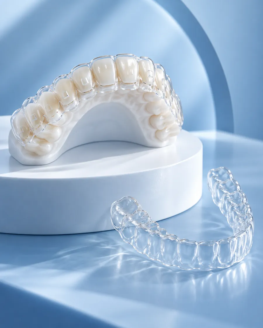 Clear aligner on a plaster model of the teeth with a spare aligner in front on a pale blue surface