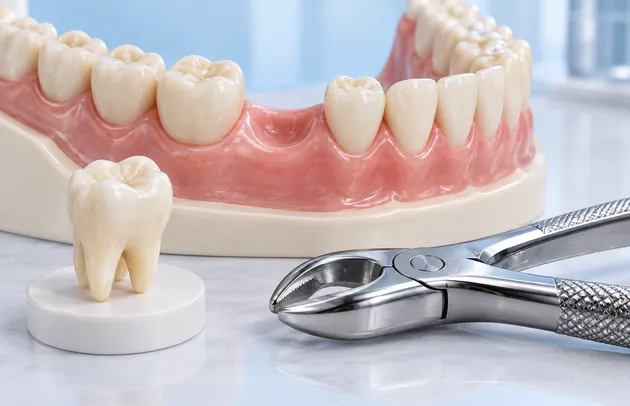 Jaw model with a tooth removed and extraction forceps lying beside it