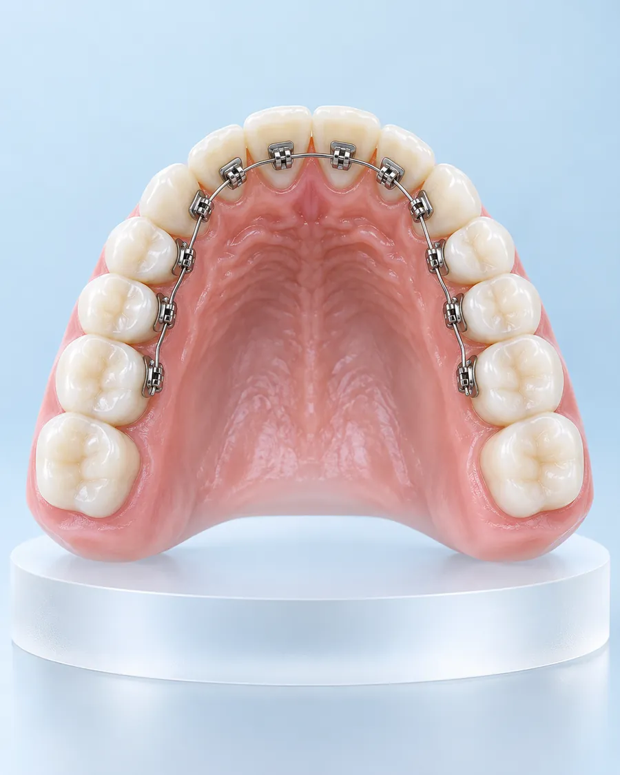 Upper teeth model seen from below showing the inner surfaces of the teeth and the roof of the mouth on a clear stand