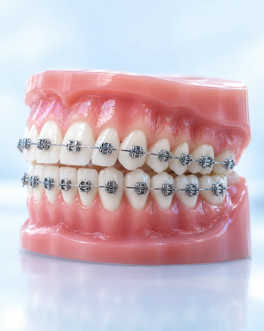 Teeth model with metal brackets and wires fixed to the upper and lower teeth