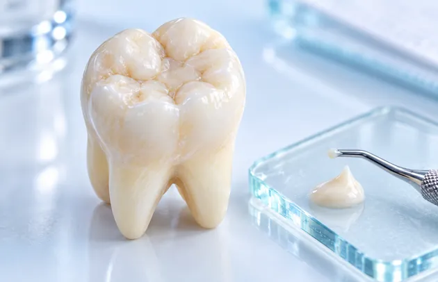 Model of a molar with filling material on a glass slab beside a dental instrument