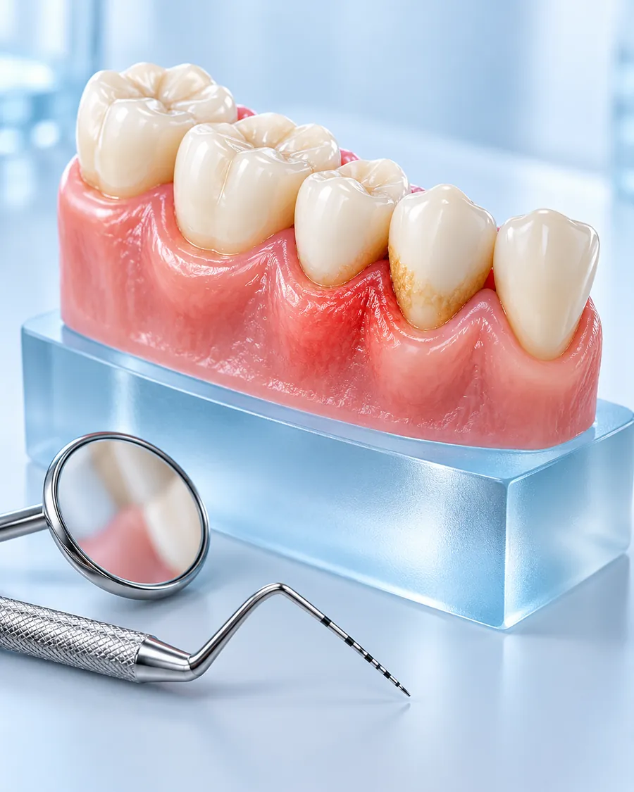 Gum model on a blue block beside a dental mirror and a periodontal probe, used to explain gum care