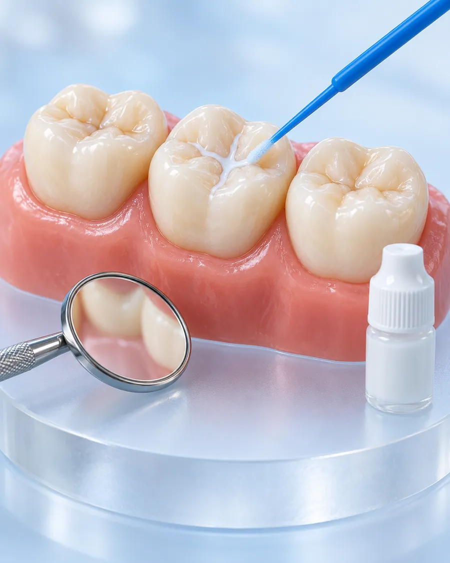 Three molars on a gum model with a blue applicator brush painting sealant into the grooves, with a dental mirror and a small bottle beside them