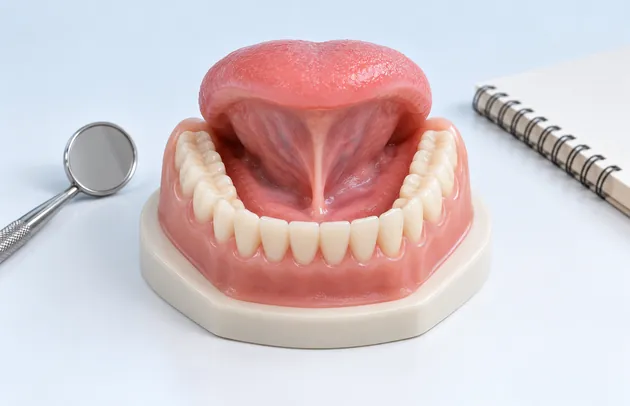Model of an open mouth with the tongue raised to show the frenulum, with a dental mirror and a notebook beside it