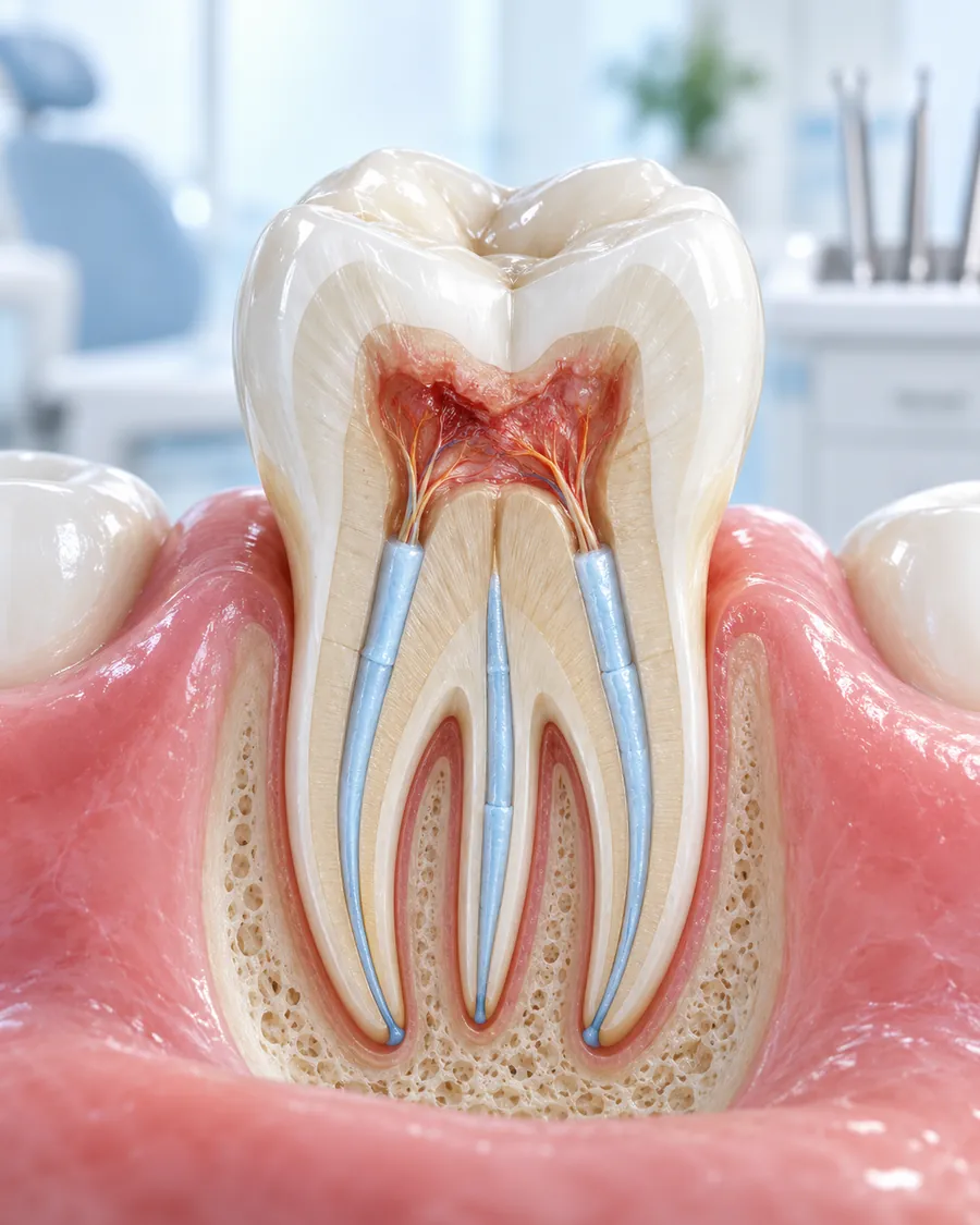 Cross-section model of a molar showing the root canals, used to explain endodontic care