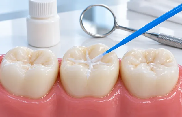 Three molars on a gum model with sealant being painted into the grooves by a blue brush tip, with a small bottle and a mirror