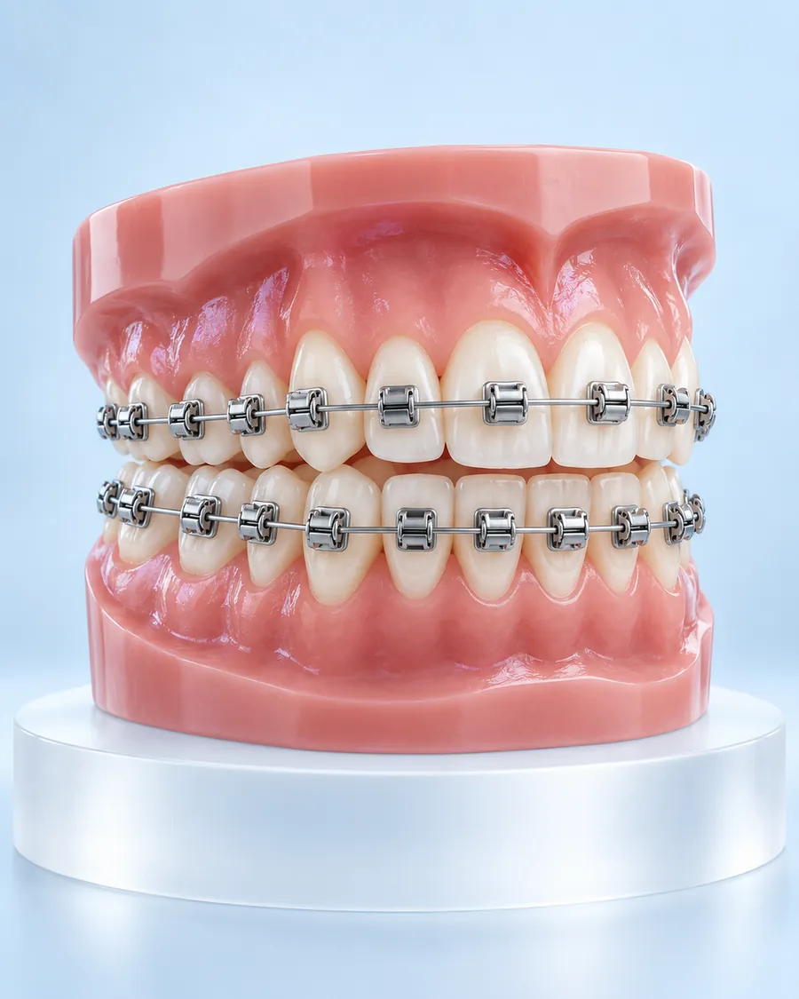 Upper and lower teeth model with metal self-ligating brackets and a wire on a clear stand