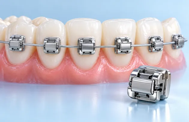 Front teeth with metal self-ligating brackets and a wire, with a spare bracket beside them