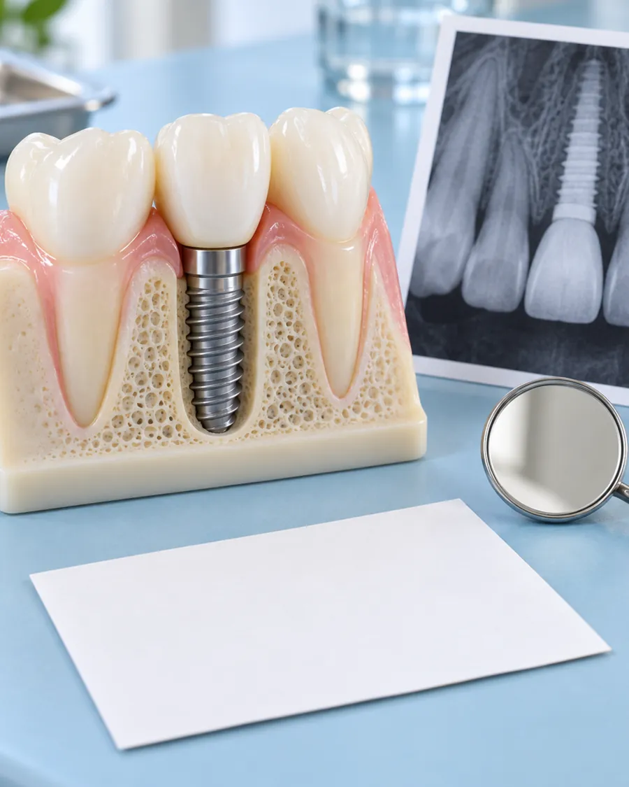 Model of a single dental implant with a crown fixed in the jaw, beside an X-ray of an implant