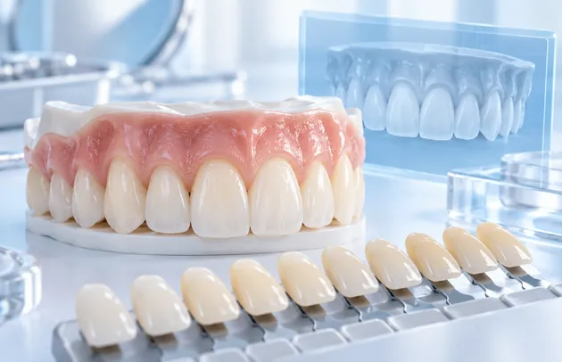 Teeth model beside a tooth shade guide and a screen showing a digital outline of a smile