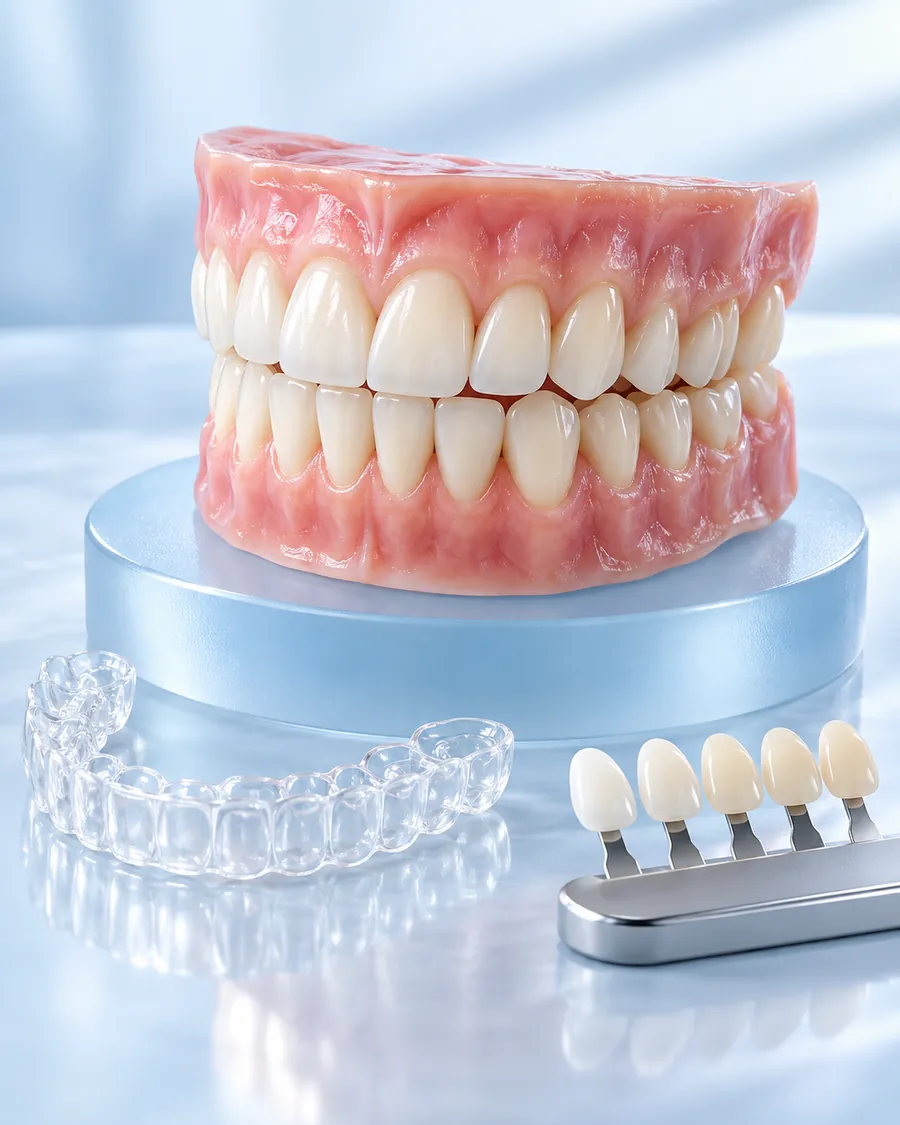 Upper and lower teeth model with clear aligners and a shade guide, used to explain cosmetic dental care