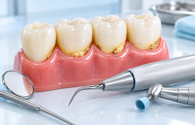 Model of teeth with yellow tartar near the gum line beside an ultrasonic scaler and dental handpieces