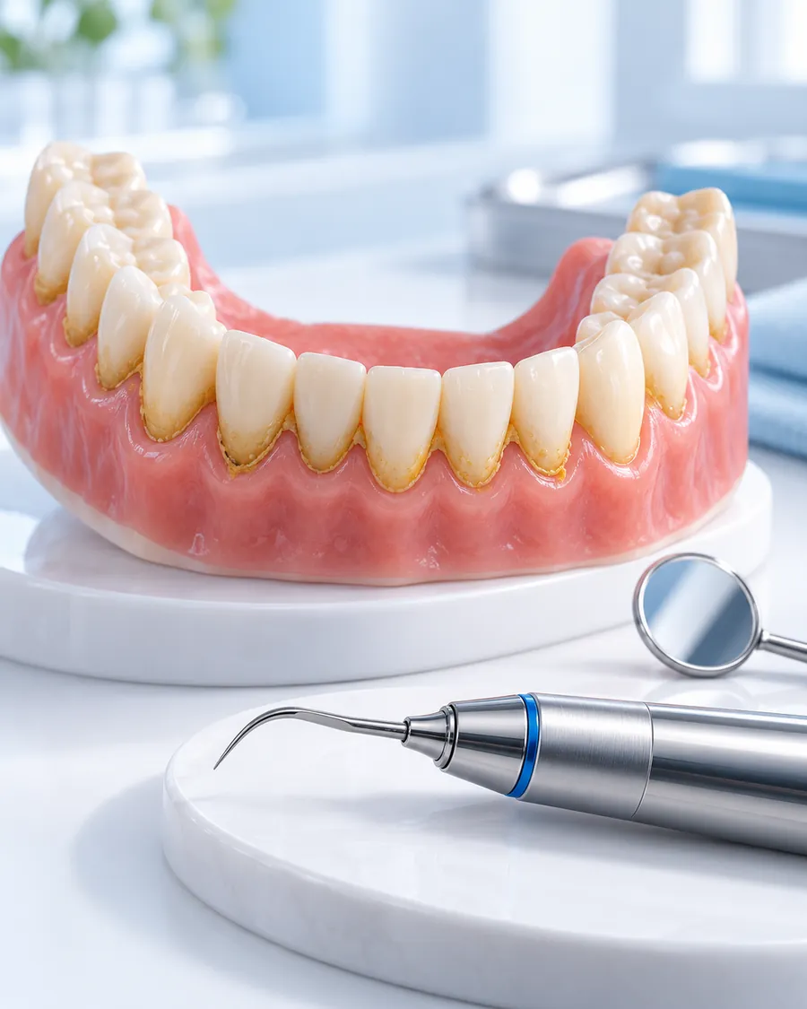 Jaw model with stained teeth and a dental scaler on a clinic bench