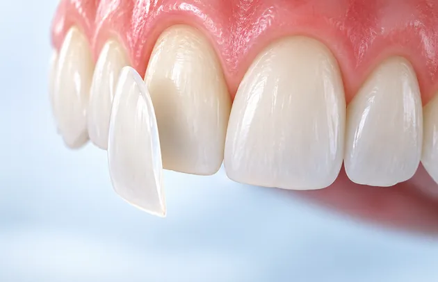 Close view of a thin porcelain veneer held beside the upper front teeth in a model