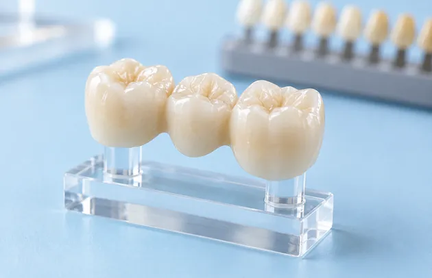 Three-unit ceramic dental bridge on a clear stand beside a tooth shade guide