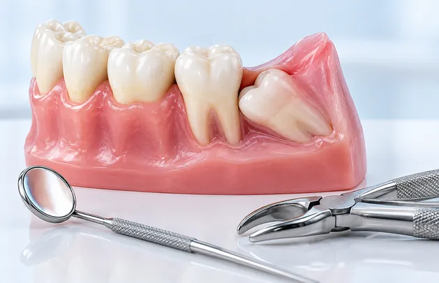 Jaw model with a tilted tooth and extraction forceps on a bench