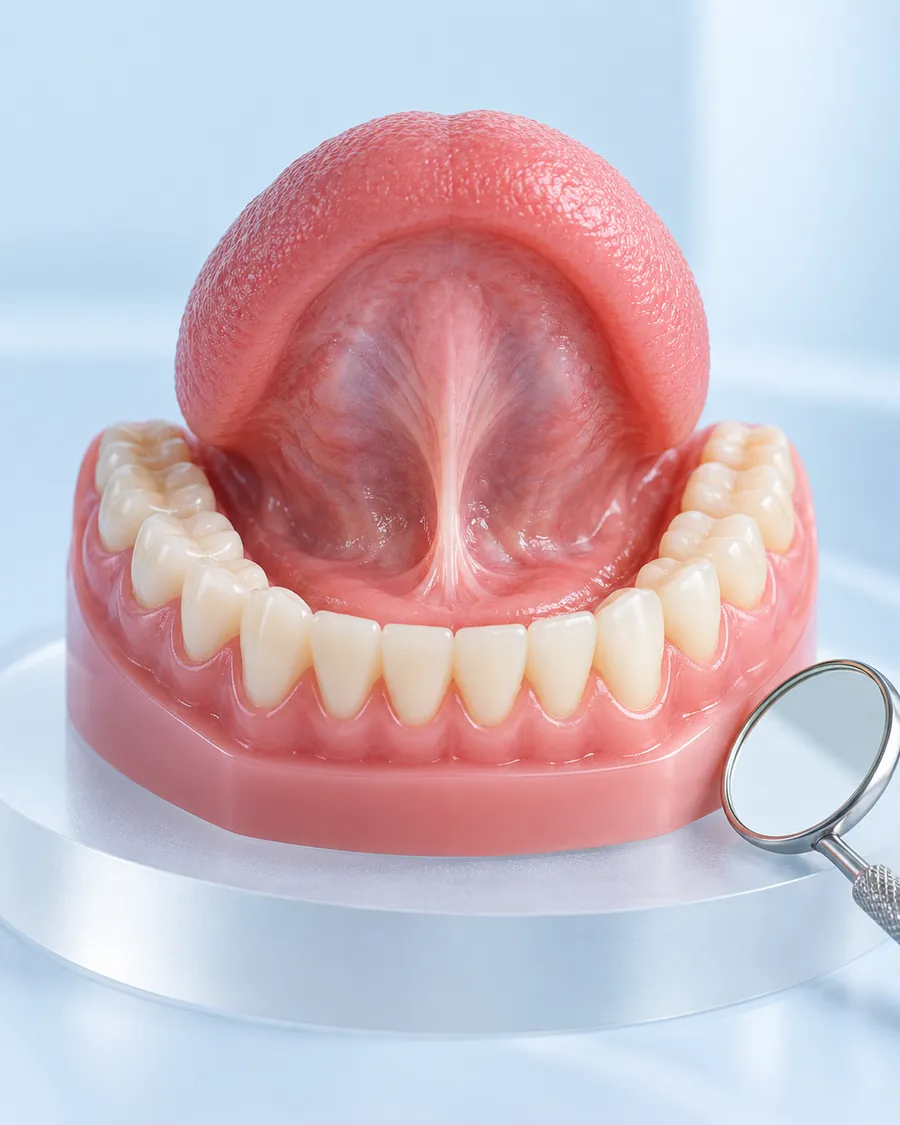 Lower teeth model with the tongue lifted to show the tight band of tissue under it, with a dental mirror beside it