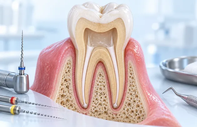 Cutaway tooth model showing the pulp chamber and root canals, with root canal files beside it