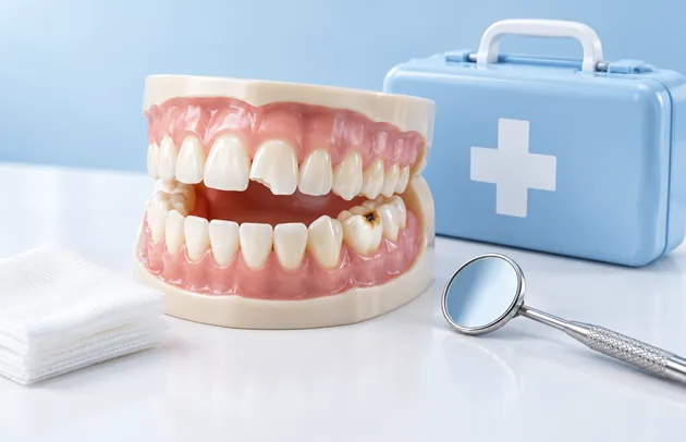 Model of teeth with a decayed tooth, a dental mirror and a blue first-aid case