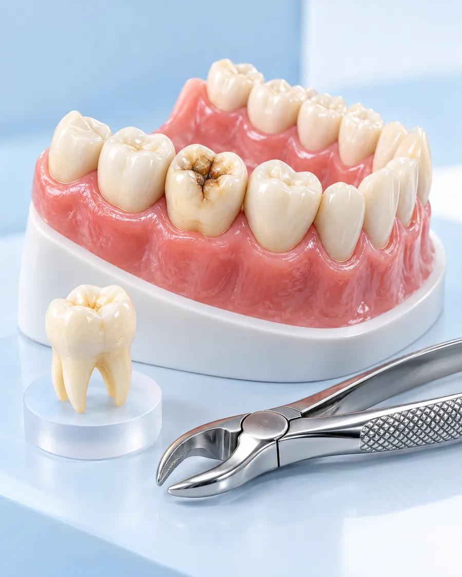 Jaw model with a decayed tooth and a loose tooth beside extraction forceps on a clinic bench