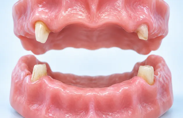 Upper and lower jaw models without teeth showing implant abutments in the gum, ready for a fixed bridge