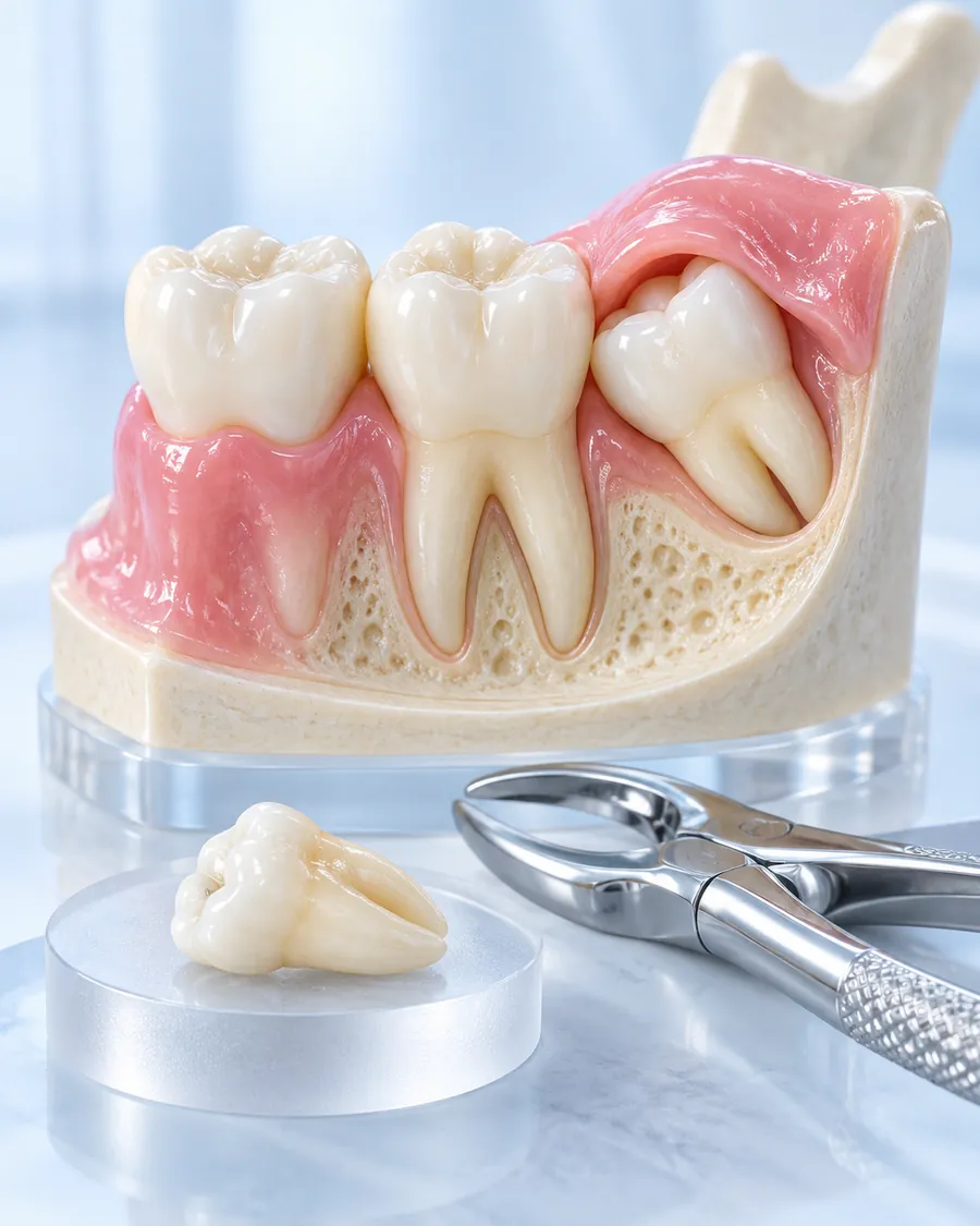 Jaw model with a partly erupted wisdom tooth, a removed tooth and extraction forceps on a clinic bench